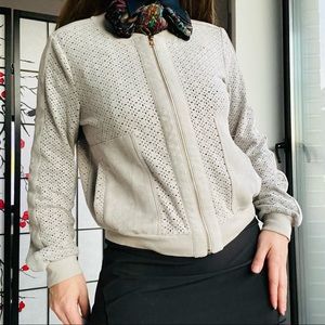 Pookie & Sebastian Faux Suede FLOWER Symmetric Breathe Eyelet Ribbed Gray Jacket